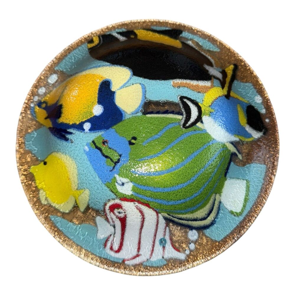 Peggy Karr Platter Tropical Fish Under Water Fused Glass Round Signed Plate